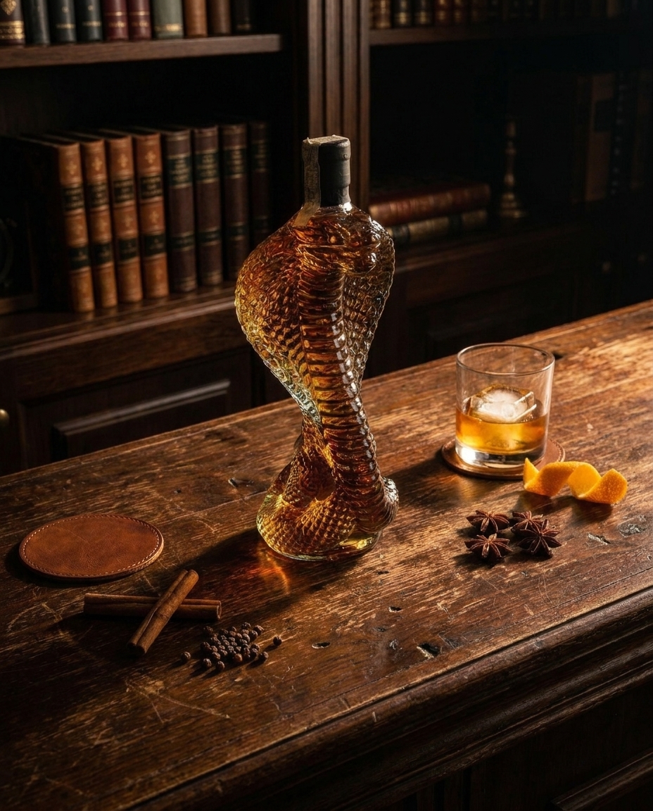 The same cobra bottle on the same bar top, framed wider with a library of leather-bound books behind
