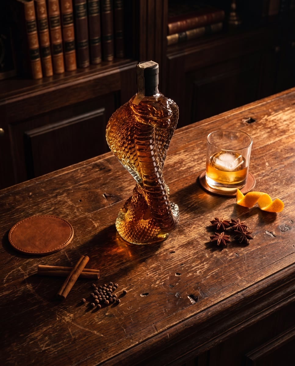 The same cobra bottle on a dark bar top with a poured glass, orange peel and spices