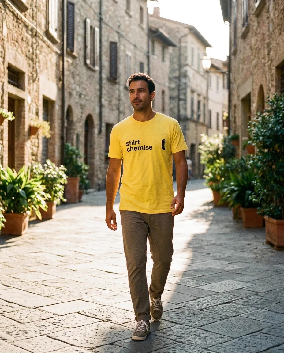 Model in a printed t-shirt on a sunlit street