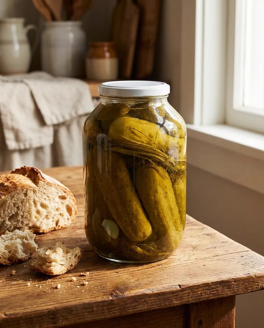 Preserve jar on a rustic kitchen table with bread