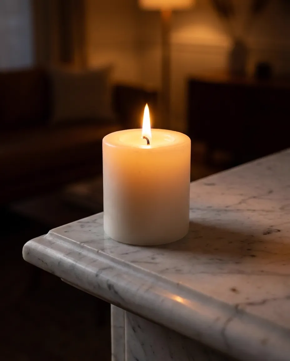 Lit candle on a marble mantel at dusk