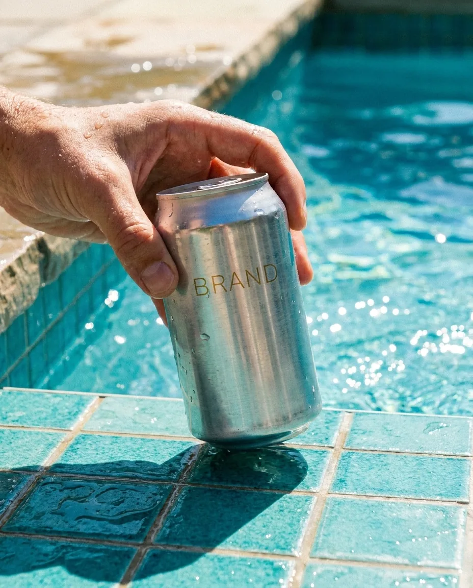 Hand lifting a cold aluminium can off a sunlit pool edge
