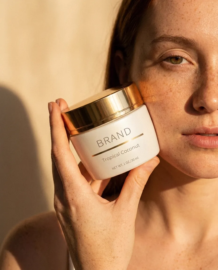 Model holding a small amber jar of face cream in warm golden light