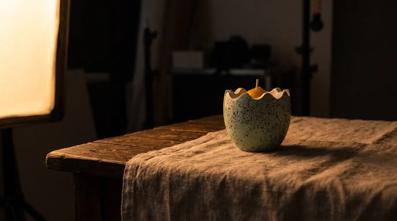 A small product photo set with a glowing softbox in a dark studio