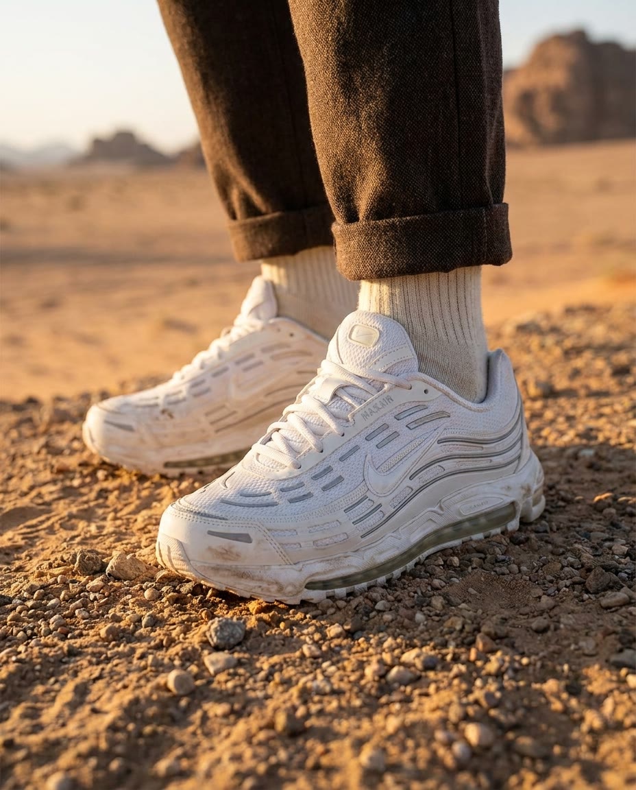 White sneakers worn on desert gravel at sunset