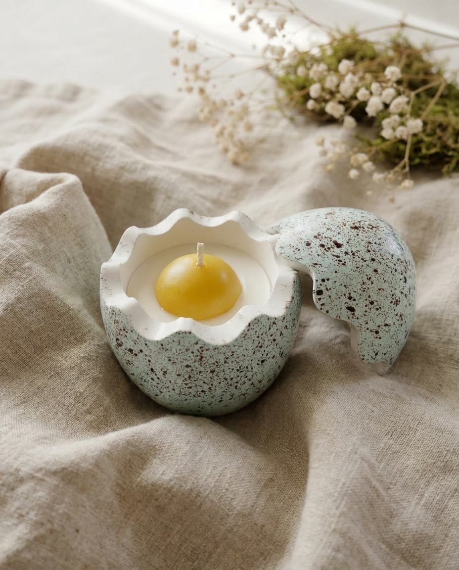 Speckled eggshell candle on crumpled linen with dried flowers