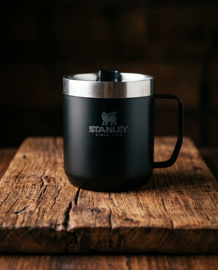 Black insulated camp mug on a weathered wood table in low light