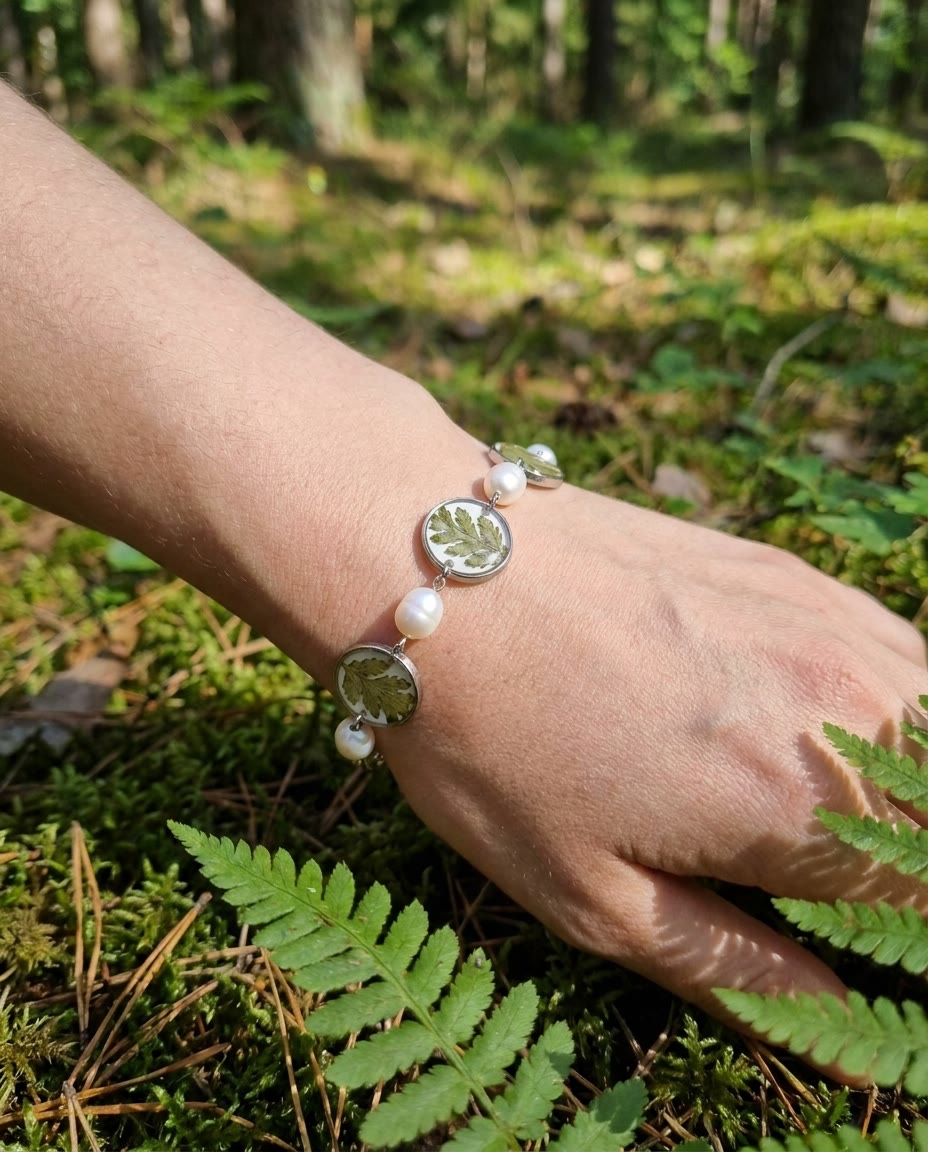 Pressed fern and pearl bracelet worn on a wrist resting on forest moss
