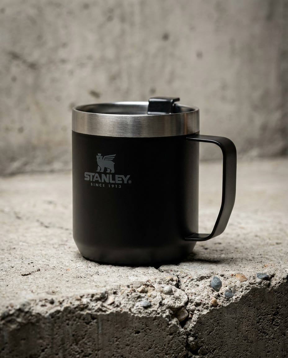 Black camp mug on a raw concrete ledge against a concrete wall
