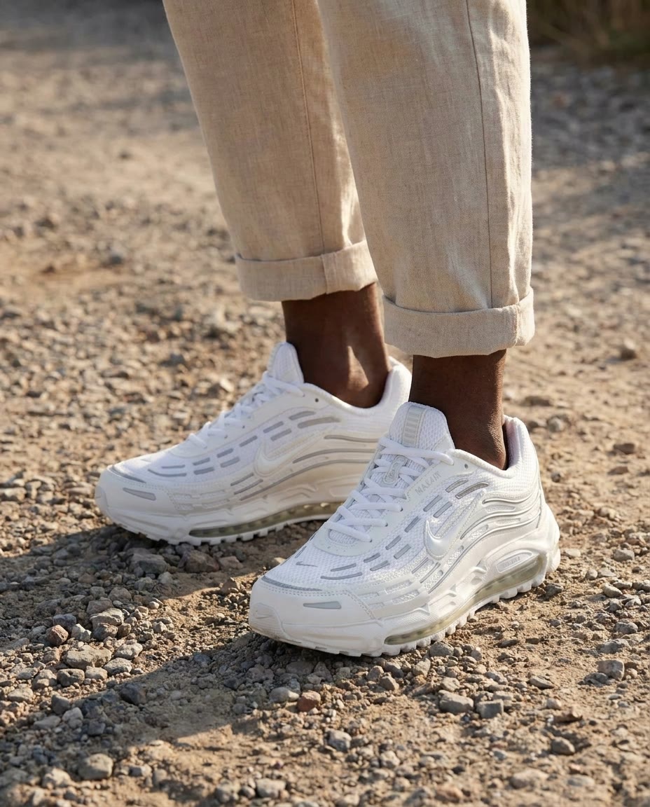 White sneakers worn on a gravel path in daylight