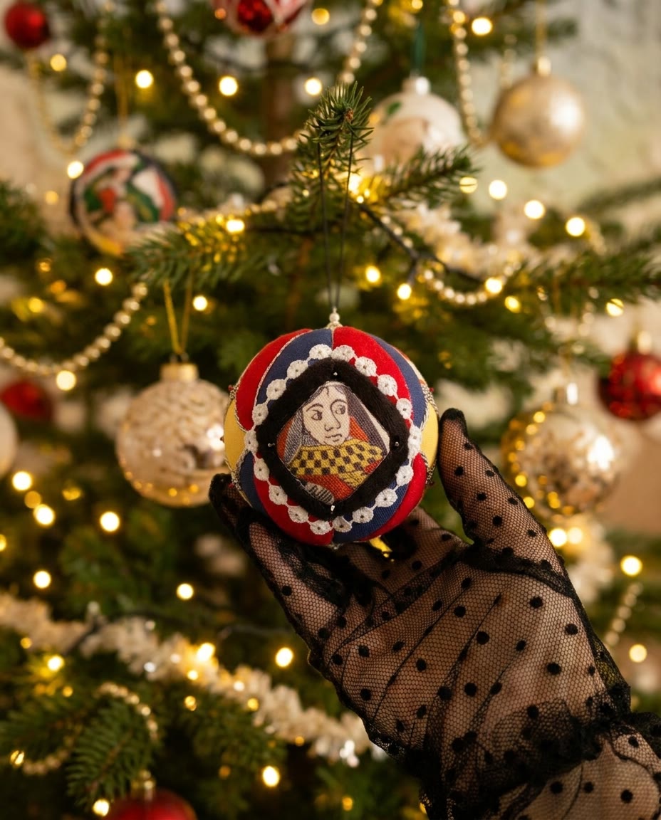 Gloved hand hanging a patchwork ornament in a decorated Christmas tree