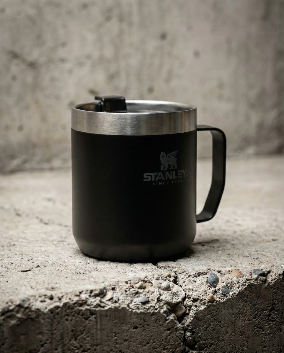 Black camp mug on concrete in soft daylight, closer framing