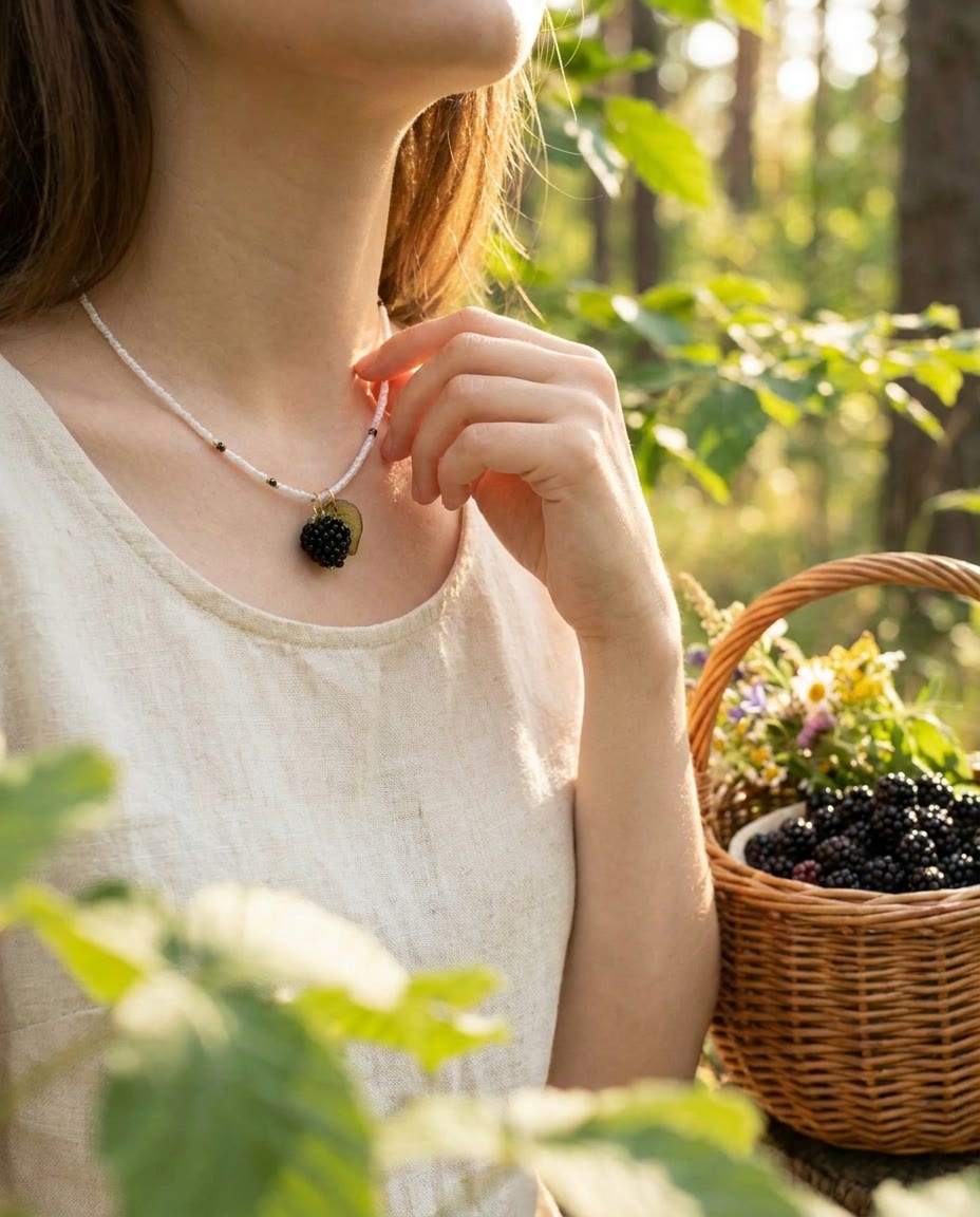 Blackberry pendant necklace worn in a forest beside a berry basket