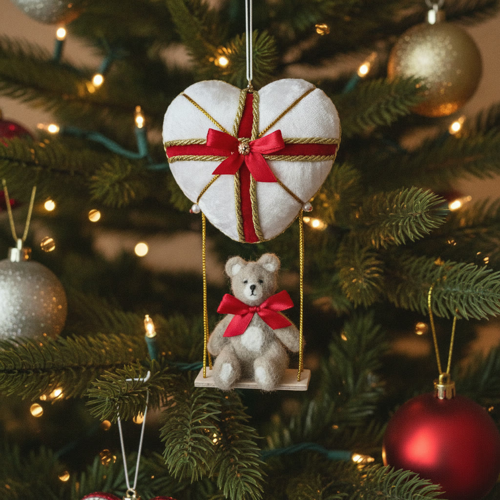 Velvet heart ornament with a teddy bear swing in a lit Christmas tree