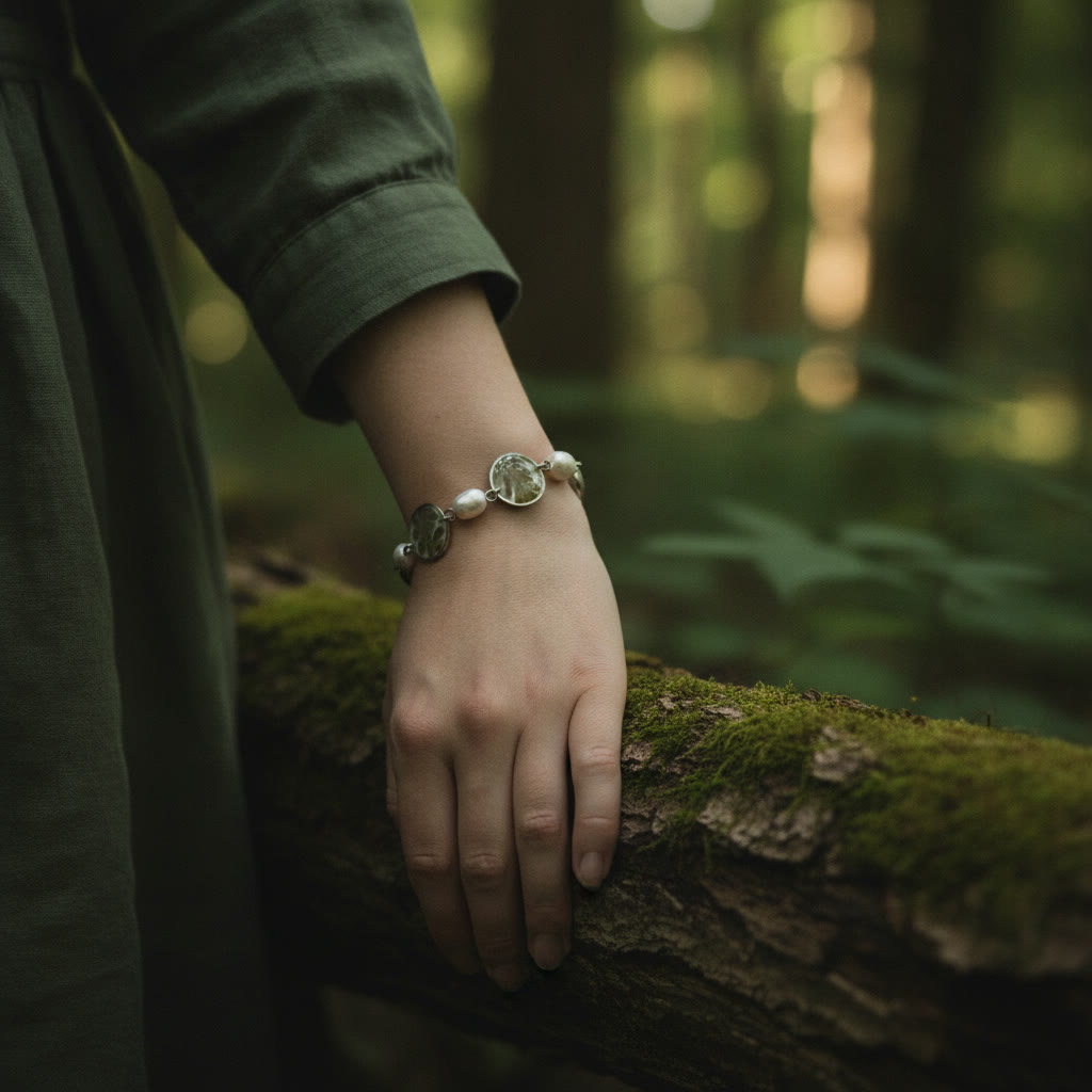 Pearl and fern bracelet worn on a hand resting on a mossy log in a dark forest