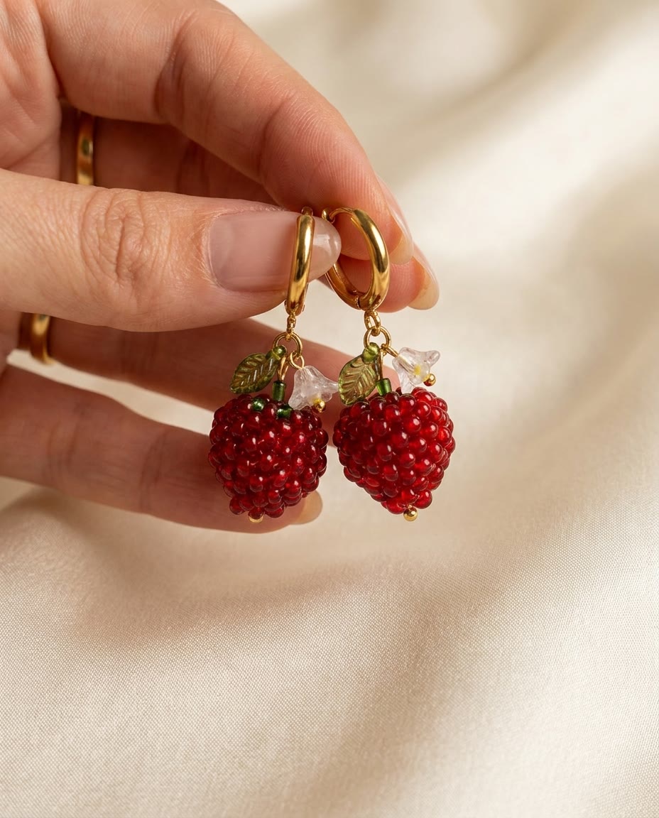 Pair of beaded raspberry earrings held between fingers over cream silk