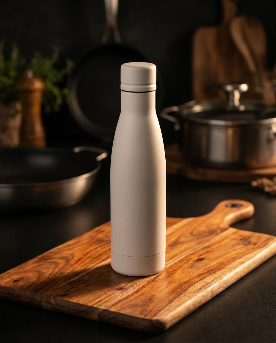 The same bottle on a wooden board in a dark kitchen
