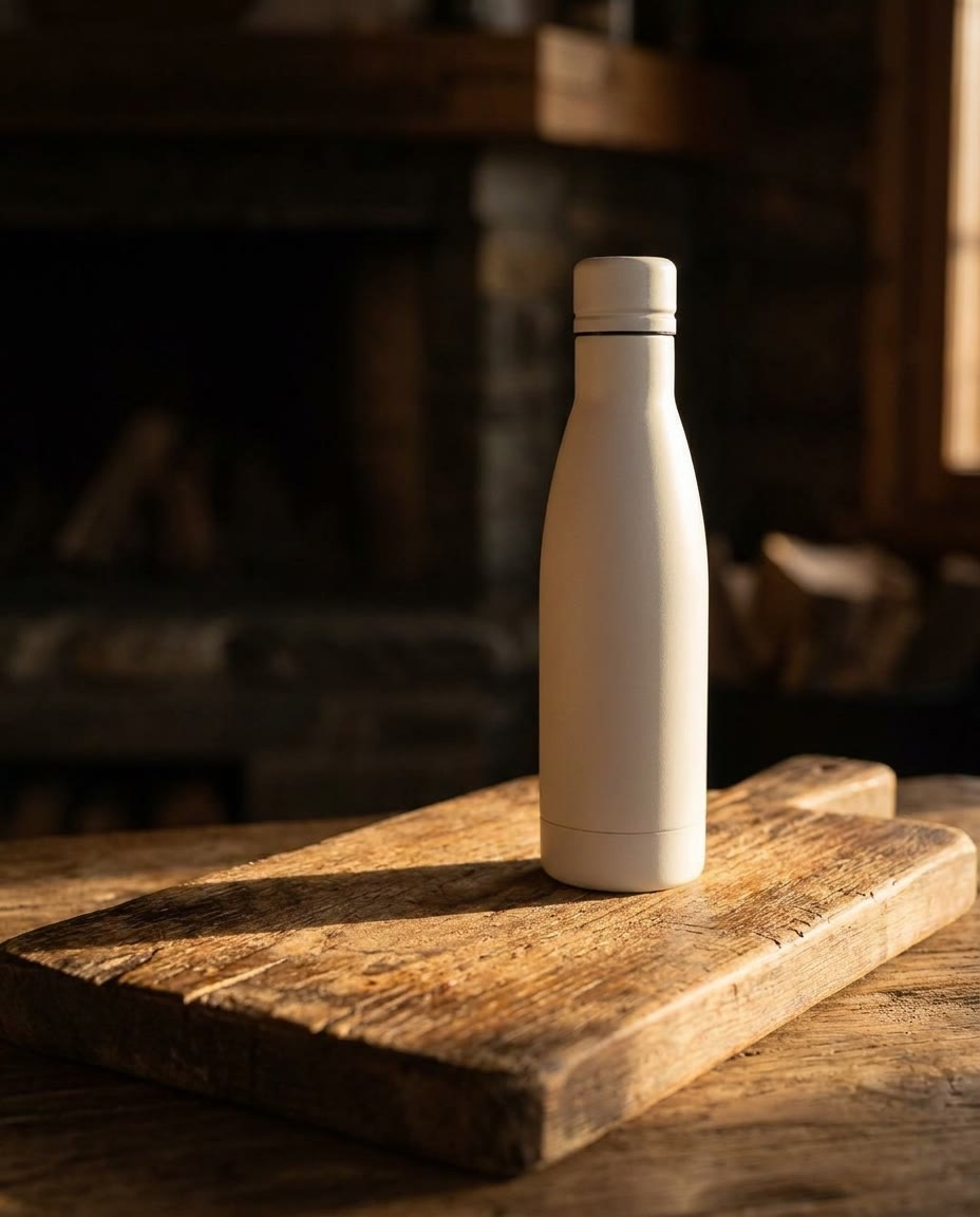 The same bottle on a rustic board by a fireplace in warm light