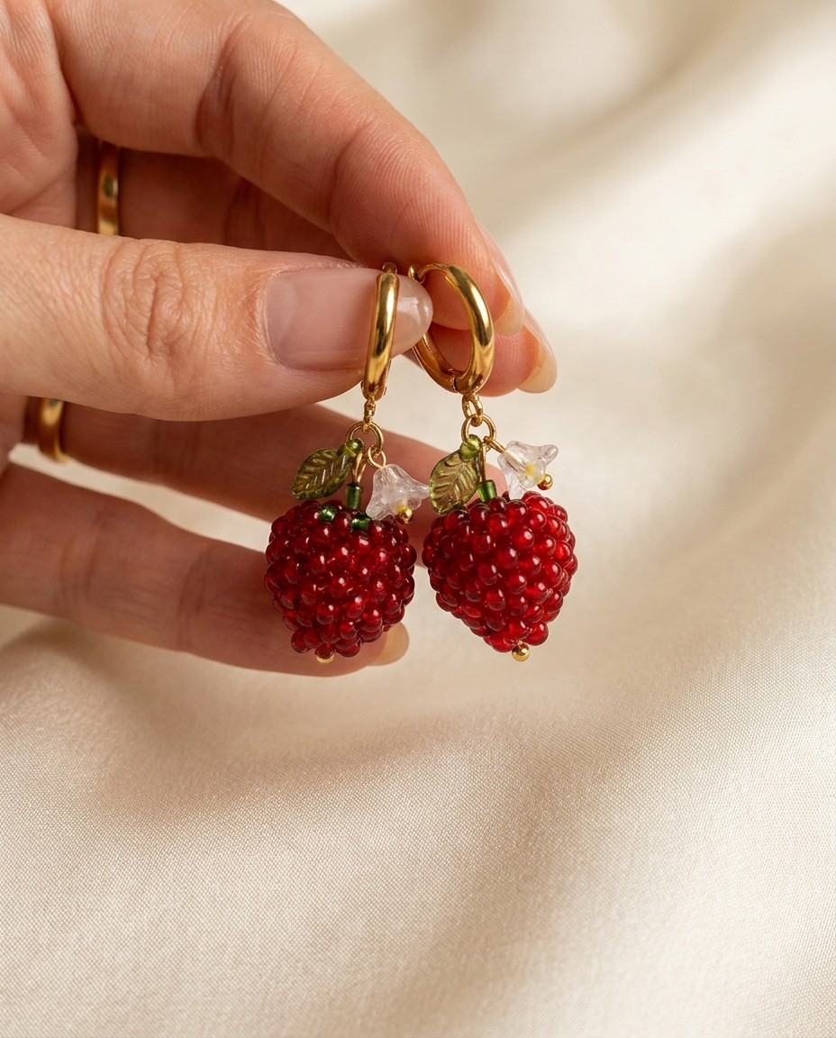 The same pair of earrings held between finger and thumb over cream silk