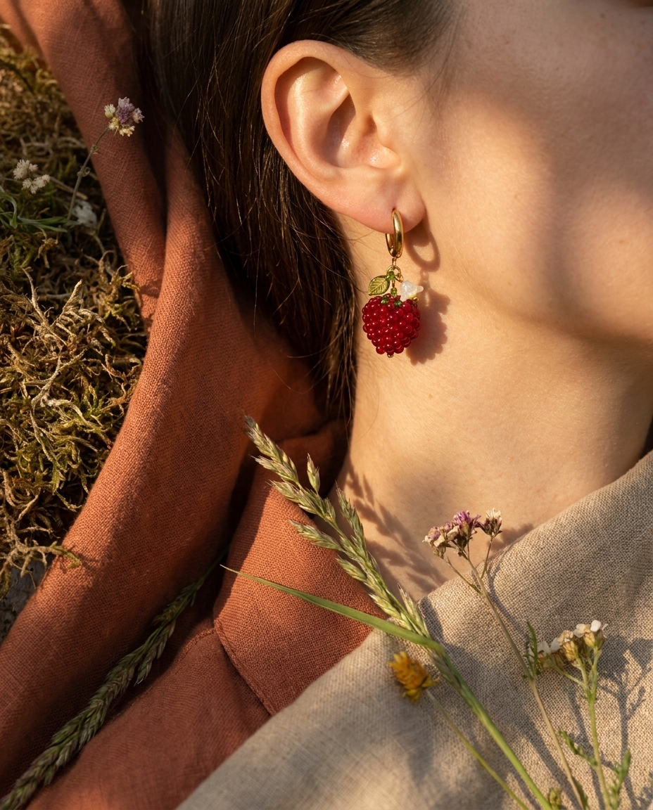 The same raspberry earring worn on a model's ear in golden evening light, with moss and dried wildflowers behind