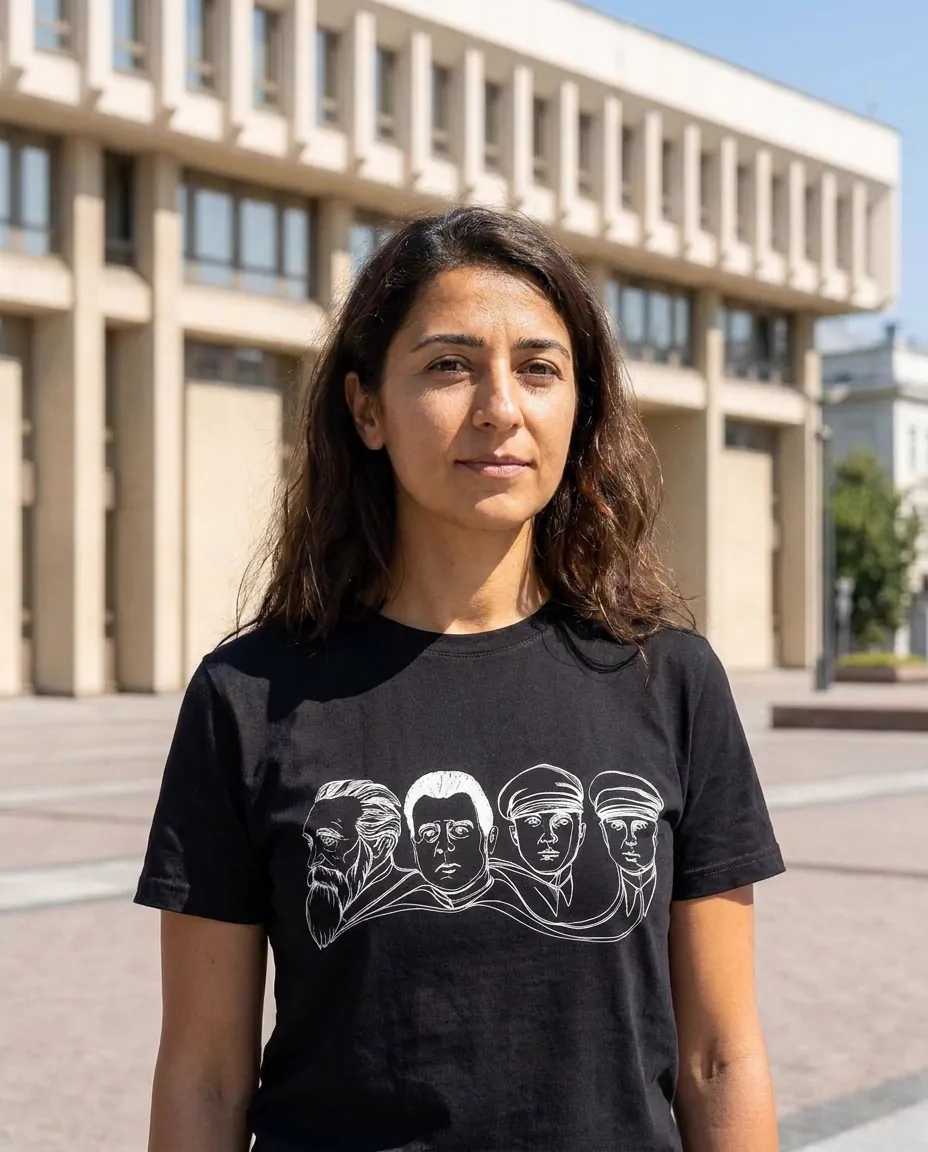Close-up portrait of the same model in the same t-shirt, print clearly visible, same daylight