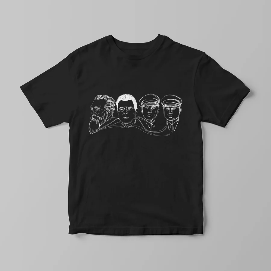 Flat product mockup of a black t-shirt with a white line-art print on a grey background
